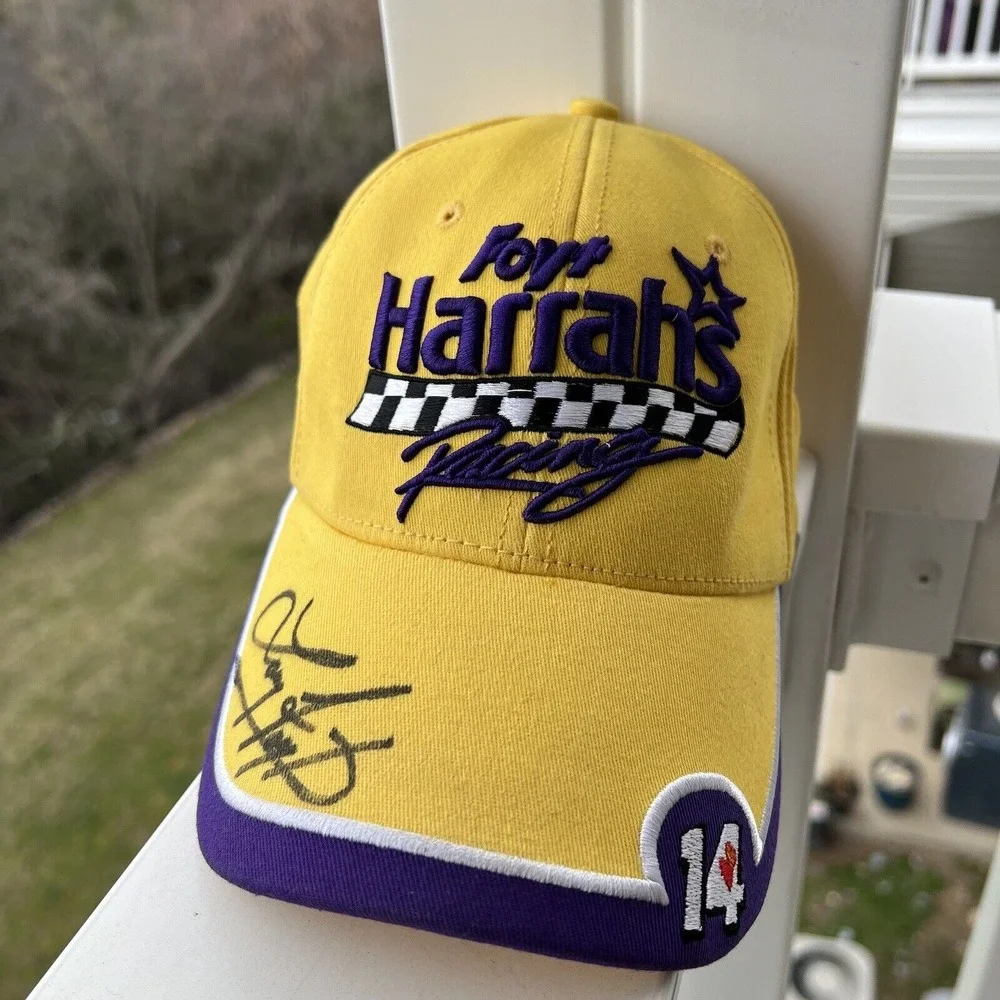 Autographed Nascar Hat Cap Purple Yellow Harrahs Racing Larry Foyt